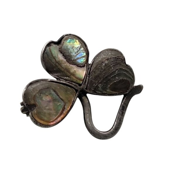 Sterling Abalone 3 Leaf Clover Pin Antique 925 C Clasp Small Silver Pin - Picture 5 of 8